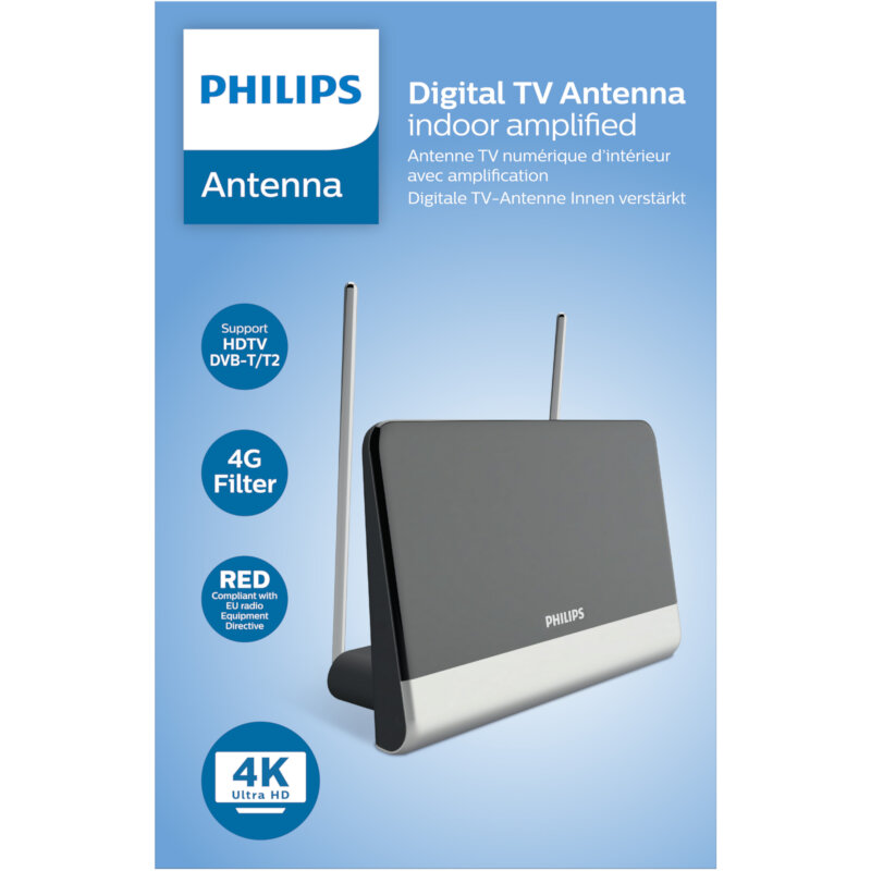 Philips SDV6222/GRS Κεραία τηλεόρασης HDTV/4K/UHF/VHF/FM εσωτερικού χώρου με ενισχυτή 48 dB και φίλτρο GSM  – 21 x 14 cm