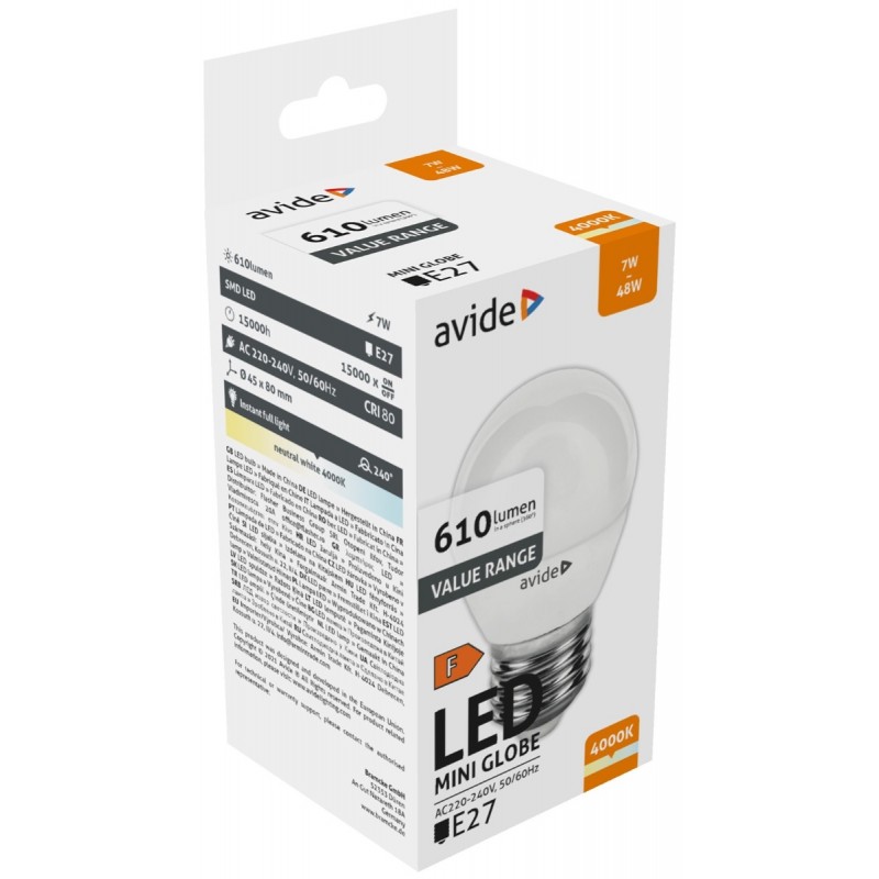 Avide LED Σφαιρική 7W E27 Λευκό 4000K Value