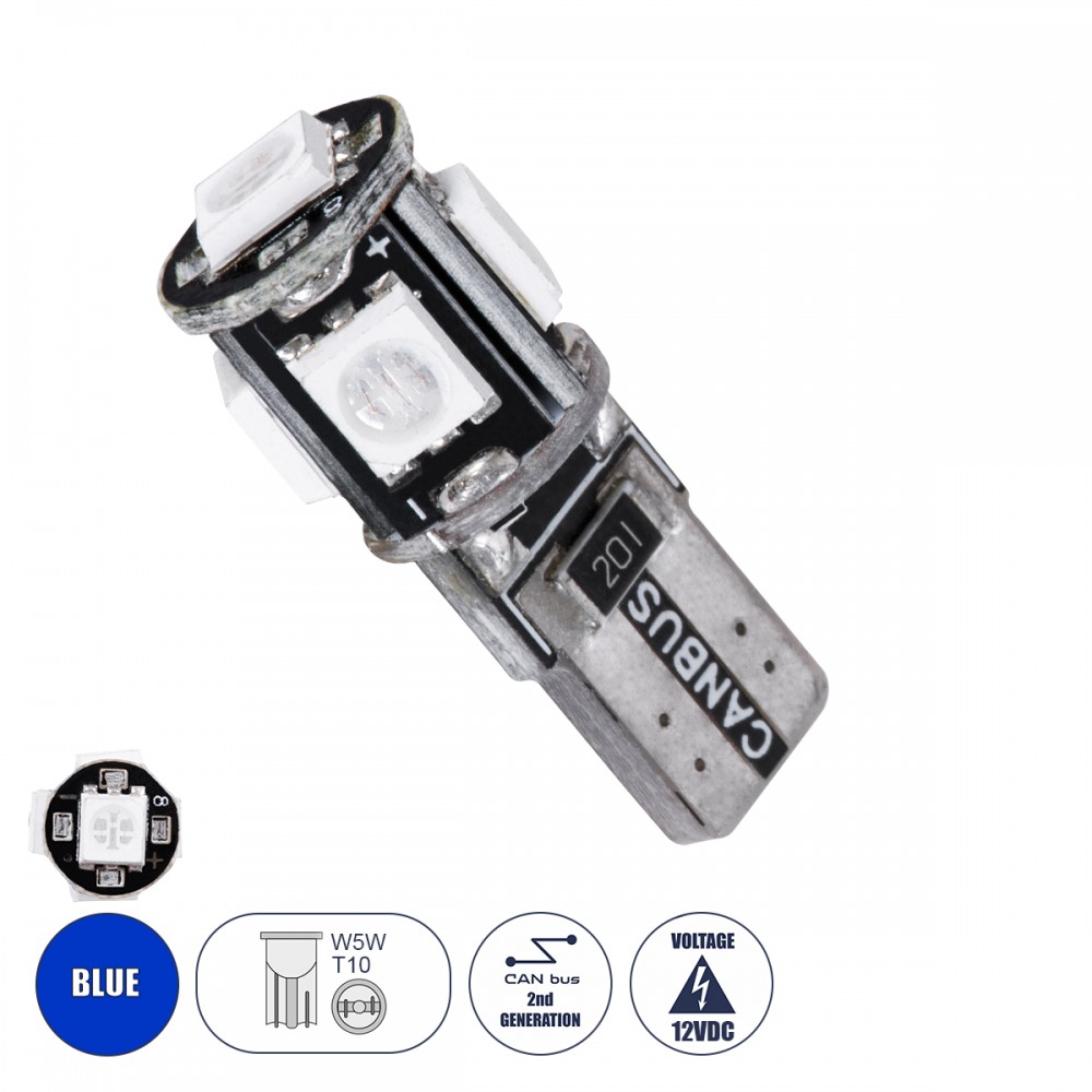 Λαμπτήρας LED T10 Can Bus με 5 SMD 5050 Μπλε GloboStar 25000 - 25000 Λαμπτήρας LED T10 Can Bus με 5 SMD 5050 Μπλε GloboStar 25000