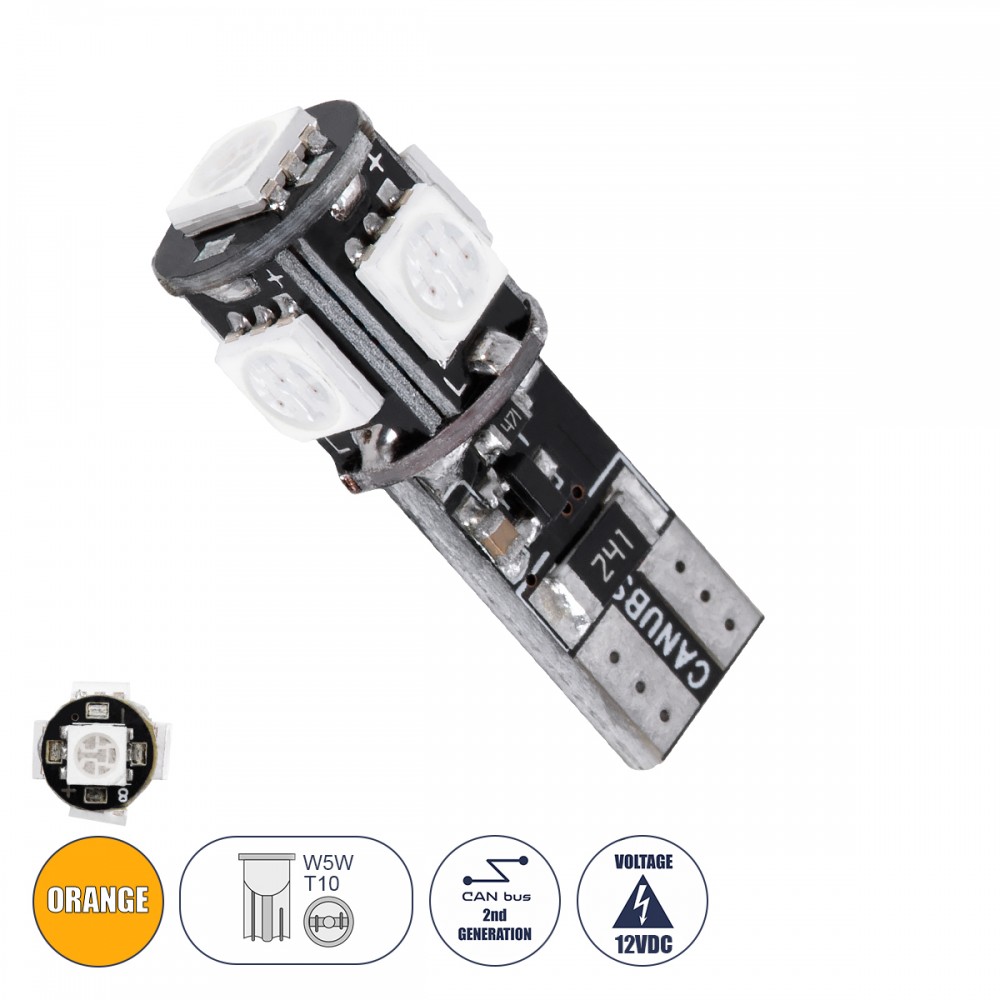 Λαμπτήρας LED T10 Can Bus με 5 SMD 5050 Πορτοκαλί GloboStar 08050 - 08050 Λαμπτήρας LED T10 Can Bus με 5 SMD 5050 Πορτοκαλί GloboStar 08050