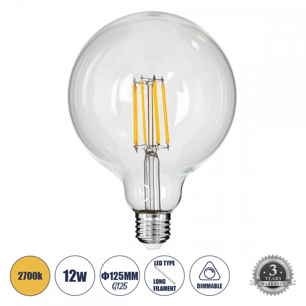 GloboStar® 99014 Λάμπα E27 G125 Γλόμπος LED LONG FILAMENT 12W 1320 lm 320° AC 85-265V Edison Retro με Διάφανο Γυαλί Θερμό Λευκό 2700 K Dimmable - 99014 GloboStar® 99014 Λάμπα E27 G125 Γλόμπος LED LONG FILAMENT 12W 1320 lm 320° AC 85-265V Edison Retro με Διάφανο Γυαλί Θερμό Λευκό 2700 K Dimmable