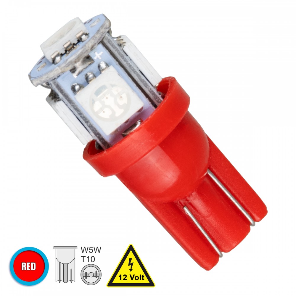 GloboStar® 81051 Λάμπα Αυτοκινήτου T10 W5W LED 5 SMD 5050 2W 240lm 360° DC 12V IP20 Κόκκινο - 81051 Λαμπτήρας LED T10 με 5 SMD 5050 Κόκκινο GloboStar 81051