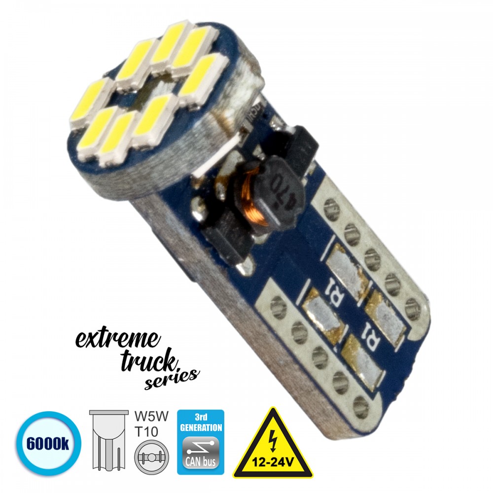 GloboStar® 81104 Λάμπα Αυτοκίνητου T10 W5W 3rd Generation Can-Bus Extreme Truck Series LED 12 SMD 3014 3.2W 480lm 360° DC 12-24V IP20 Ψυχρό Λευκό 6000K - 81104 Λαμπτήρας LED T10 Can Bus με 12 SMD 3014 Samsung Chip 12v 6000k GloboStar 81104
