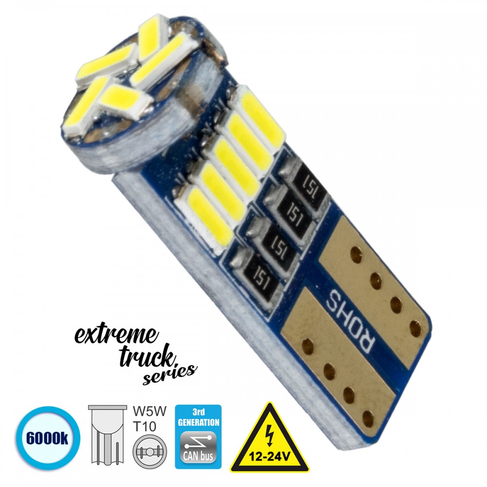 GloboStar® 81105 Λάμπα Αυτοκίνητου T10 W5W 3rd Generation Can-Bus Extreme Truck Series LED 15 SMD 4014 3.8W 570lm 360° DC 12-24V IP20 Ψυχρό Λευκό 6000K - 81105 Λαμπτήρας LED T10 Can Bus με 15 SMD 4014 Samsung Chip 12v 6000k GloboStar 81105