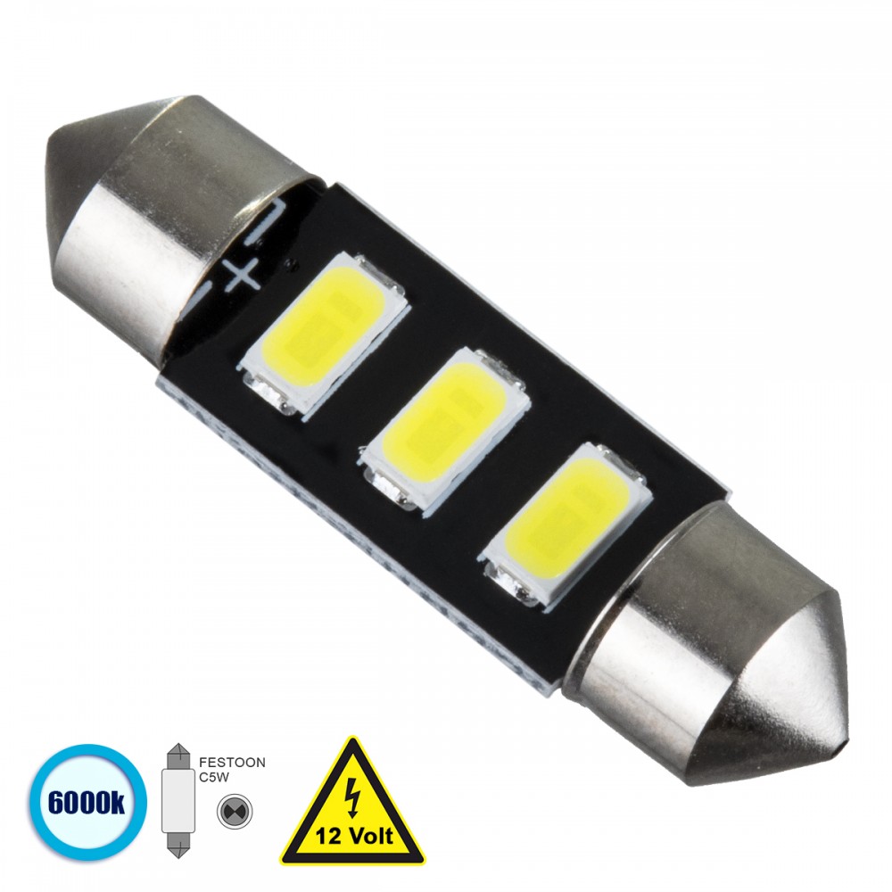GloboStar® 81302 Λάμπα Αυτοκίνητου 36mm FESTOON - C5W LED 3 SMD 5630 1.5W 225lm 120° DC 12V IP20 Ψυχρό Λευκό 6000K - 81302 Σωληνωτός LED 36mm με 3 SMD 5630 Samsung Chip Λευκό 6000k GloboStar 81302