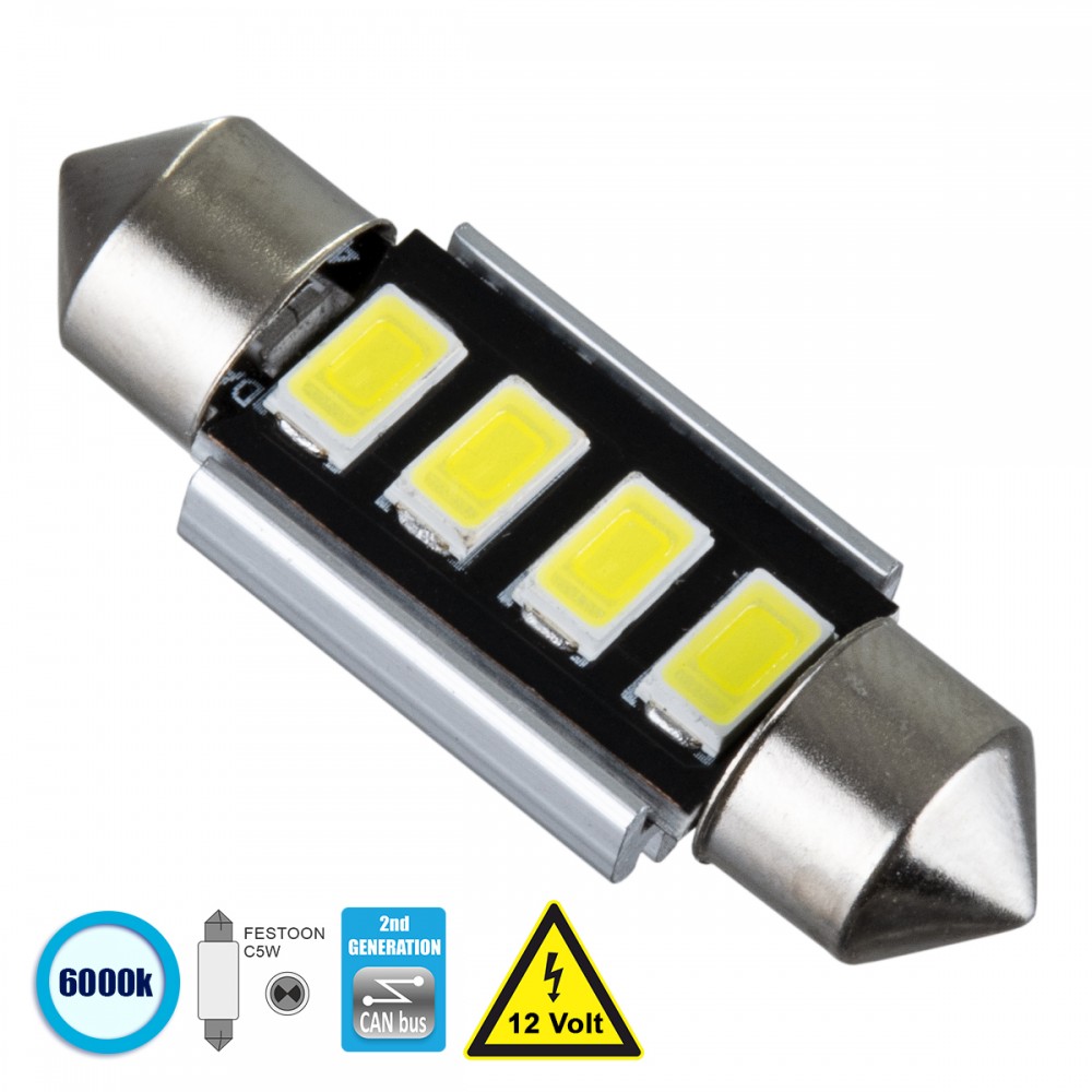 GloboStar® 81312 Λάμπα Αυτοκίνητου 36mm FESTOON - C5W 2nd Generation Can-Bus Series LED 4 SMD 5630 3W 450lm 120° DC 12V IP20 Ψυχρό Λευκό 6000K - 81312 Σωληνωτός LED 36mm Can Bus με 4 SMD 5630 Ψυχρό Λευκό GloboStar 81312