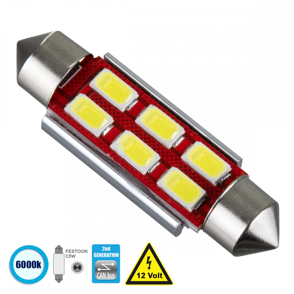 GloboStar® 81322 Λάμπα Αυτοκίνητου 42mm FESTOON - C5W 2nd Generation Can-Bus Series LED 6 SMD 5630 4W 600lm 120° DC 12V IP20 Ψυχρό Λευκό 6000K - 81322 Σωληνωτός LED 42mm Can Bus με 6 SMD 5630 Ψυχρό Λευκό GloboStar 81322