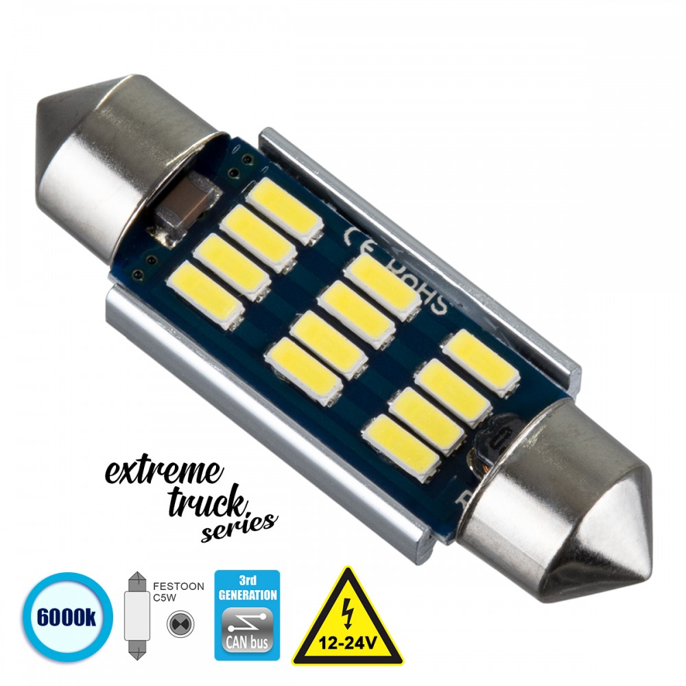 GloboStar® 81330 Λάμπα Αυτοκινήτου & Φορτηγού 39mm FESTOON - C5W 3rd Generation Can-Bus Extreme Truck Series LED 12 SMD 4014 3.6W 540lm 120° DC 12-24V IP20 Ψυχρό Λευκό 6000K - 81330 Σωληνωτός LED 39mm Can Bus με 12 SMD 4014 Samsung Chip 12 Volt Ψυχρό Λευκό GloboStar 81330