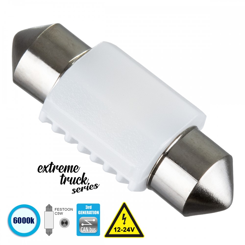 GloboStar® 81332 Λάμπα Αυτοκινήτου & Φορτηγού 31mm FESTOON - C5W 3rd Generation Can-Bus Extreme Truck Series LED 2 SMD 3030 3W 450lm 120° DC 12-24V IP20 Ψυχρό Λευκό 6000K - 81332 Σωληνωτός LED Κεραμικός 31mm 12V Can Bus με 2 SMD 3030 Ψυχρό Λευκό GloboStar 81332