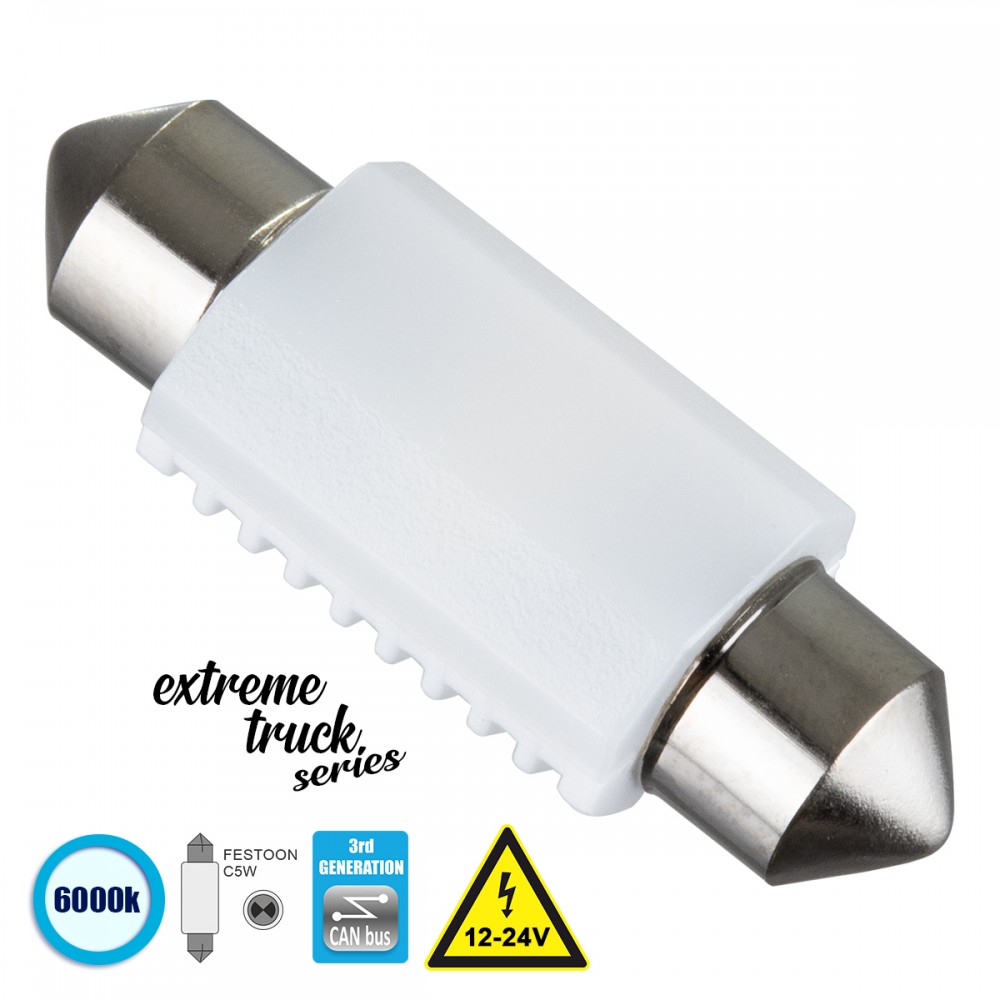 GloboStar® 81333 Λάμπα Αυτοκινήτου & Φορτηγού 36mm FESTOON - C5W 3rd Generation Can-Bus Extreme Truck Series LED 2 SMD 3030 3W 450lm 120° DC 12-24V IP20 Ψυχρό Λευκό 6000K - 81333 Σωληνωτός LED Κεραμικός 36mm 12V Can Bus με 2 SMD 3030 Ψυχρό Λευκό GloboStar 81333