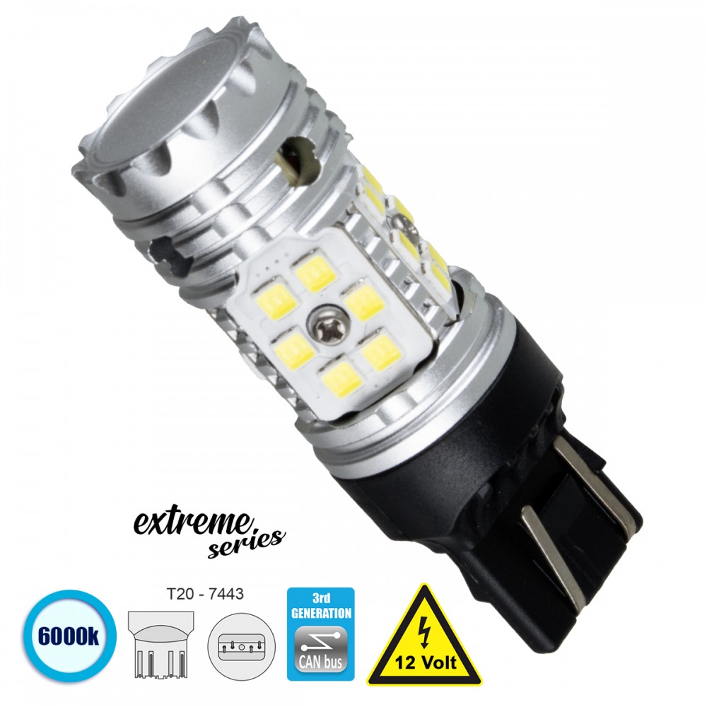 GloboStar® 81151 Λάμπα Αυτοκίνητου T20 - 7443 - W21/5W 3rd Generation Can-Bus Extreme Series LED 30 SMD 3030 24W 3600lm 360° DC 12V IP20 Ψυχρό Λευκό 6000K - 81151 Λαμπτήρας LED Extreme Series Can-Bus 3ης Γενιάς με βάση T20 7443 24W 12v Ψυχρό Λευκό 6000k GloboStar 81151