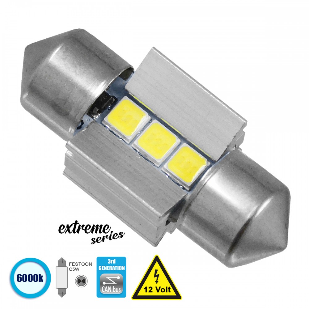 GloboStar® 81336 Λάμπα Αυτοκινήτου 28mm FESTOON - C5W 3rd Generation Can-Bus Extreme Series LED 3 SMD 3030 3W 450lm 120° DC 12V IP20 Ψυχρό Λευκό 6000K - 81336 Σωληνωτός LED Extreme Series Can-Bus 3ης Γενιάς 28mm 2.8w 12V Ψυχρό Λευκό 6000k GloboStar 81336