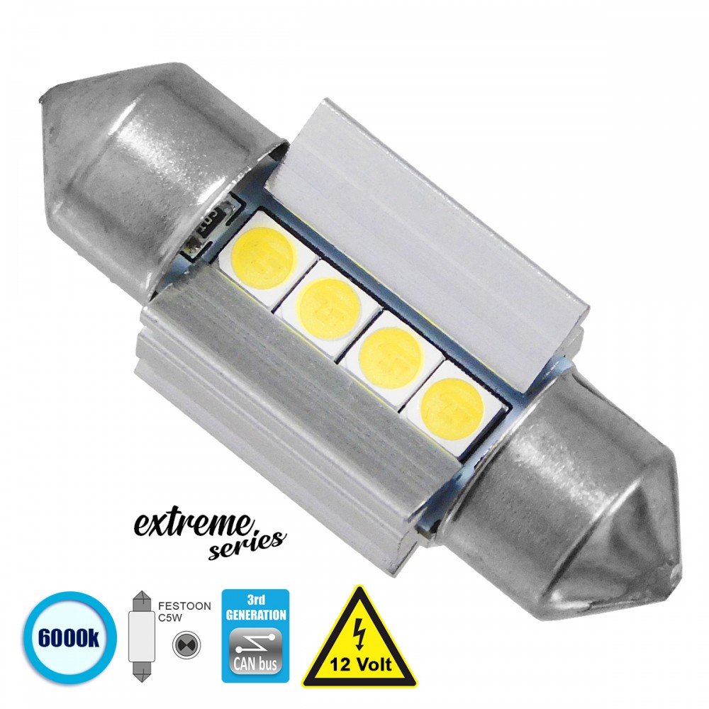 GloboStar® 81337 Λάμπα Αυτοκινήτου 31mm FESTOON - C5W 3rd Generation Can-Bus Extreme Series LED 4 SMD 3030 4W 600lm 120° DC 12V IP20 Ψυχρό Λευκό 6000K - 81337 Σωληνωτός LED Extreme Series Can-Bus 3ης Γενιάς 31mm 3.1w 12V Ψυχρό Λευκό 6000k GloboStar 81337