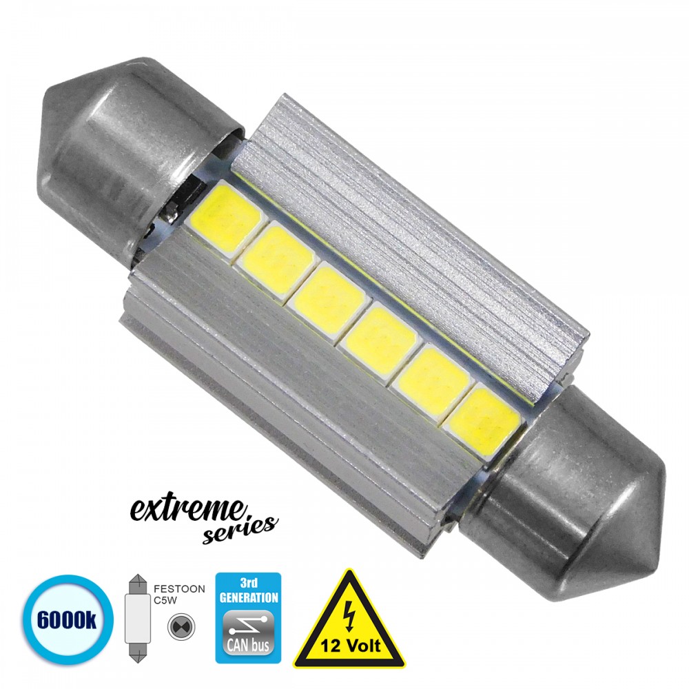GloboStar® 81338 Λάμπα Αυτοκινήτου 36mm FESTOON - C5W 3rd Generation Can-Bus Extreme Series LED 6 SMD 3030 6W 900lm 120° DC 12V IP20 Ψυχρό Λευκό 6000K - 81338 Σωληνωτός LED Extreme Series Can-Bus 3ης Γενιάς 36mm 3.6w 12V Ψυχρό Λευκό 6000k GloboStar 81338