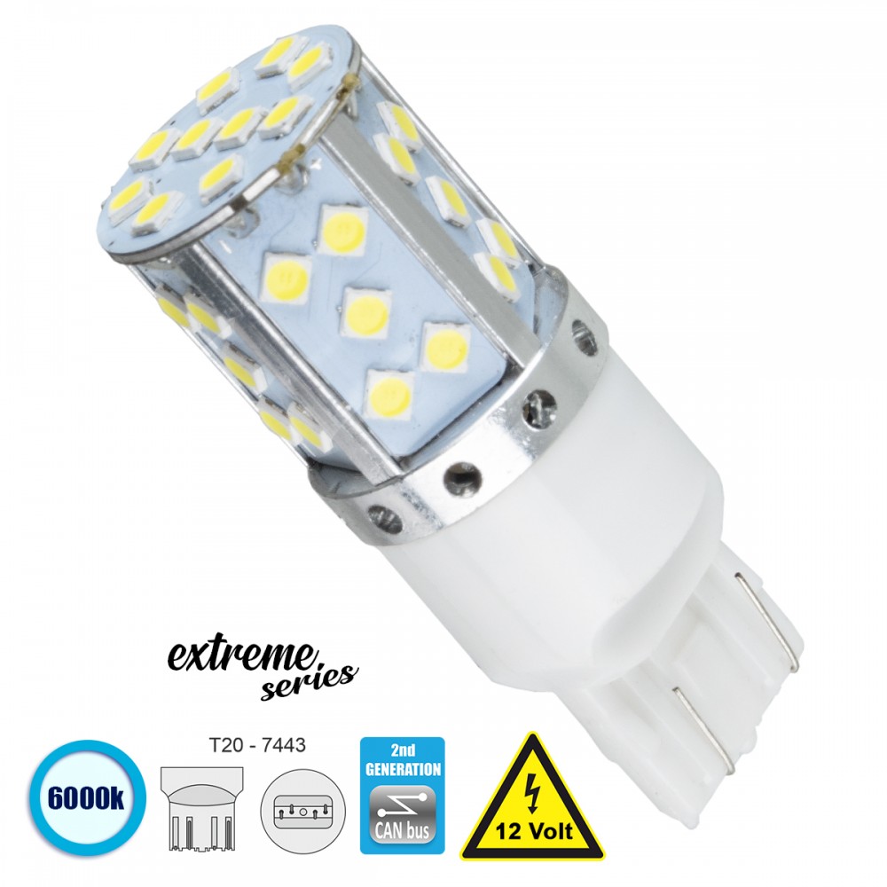 GloboStar® 81155 Λάμπα Αυτοκίνητου T20 - 7443 - W21/5W 2rd Generation Can-Bus Extreme Series LED 35 SMD 3030 17W 2550lm 360° DC 12V IP20 Ψυχρό Λευκό 6000K - 81155 Λαμπτήρας LED Extreme Series Can-Bus 2ης Γενιάς με βάση T20 7443 15W 12v Ψυχρό Λευκό 6000k GloboStar 81155