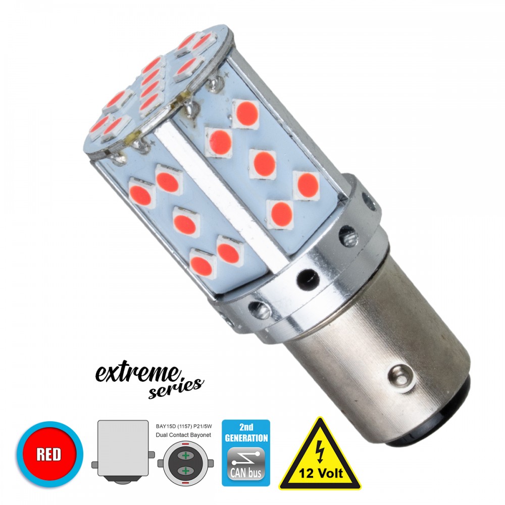 GloboStar® 81243 Λάμπα Αυτοκίνητου 1157 - BAY15D - P21/5W 2nd Generation Can-Bus Extreme Series LED 35 SMD 3030 17W 2040lm 360° DC 12V IP20 Κόκκινο - 81243 Λαμπτήρας LED Extreme Series Can-Bus 2ης Γενιάς με βάση 1157 18W 12v Κόκκινος για Πορείας Στοπ GloboStar 81243