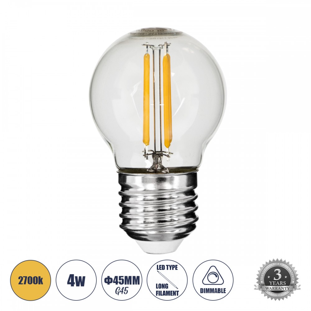 GloboStar® 99004 Λάμπα E27 G45 Γλομπάκι LED FILAMENT 4W 440 lm 320° AC 85-265V Edison Retro με Διάφανο Γυαλί Θερμό Λευκό 2700 K Dimmable - 99004 GloboStar® 99004 Λάμπα E27 G45 Γλομπάκι LED FILAMENT 4W 440 lm 320° AC 85-265V Edison Retro με Διάφανο Γυαλί Θερμό Λευκό 2700 K Dimmable