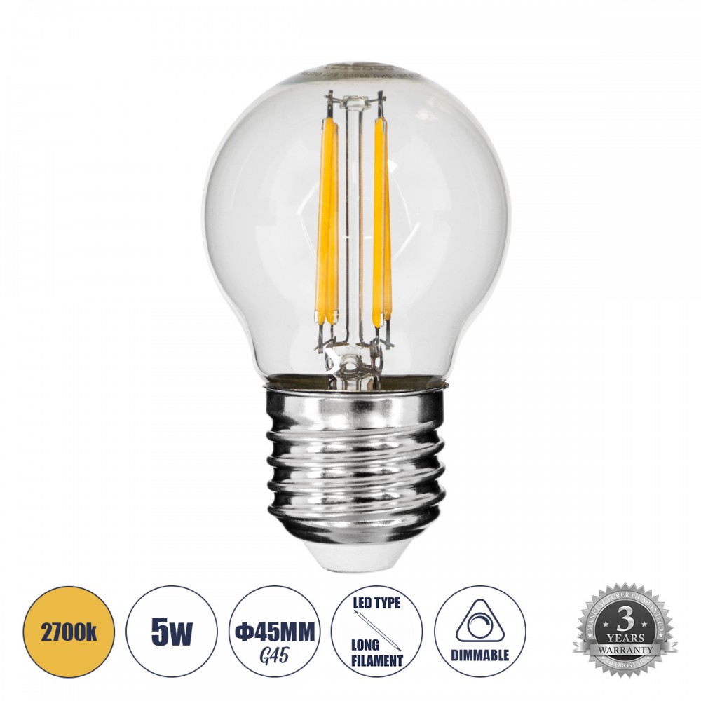 GloboStar® 99005 Λάμπα E27 G45 Γλομπάκι LED LONG FILAMENT 6W 660 lm 320° AC 85-265V Edison Retro με Διάφανο Γυαλί Θερμό Λευκό 2700 K Dimmable - 99005 GloboStar® 99005 Λάμπα E27 G45 Γλομπάκι LED LONG FILAMENT 6W 660 lm 320° AC 85-265V Edison Retro με Διάφανο Γυαλί Θερμό Λευκό 2700 K Dimmable