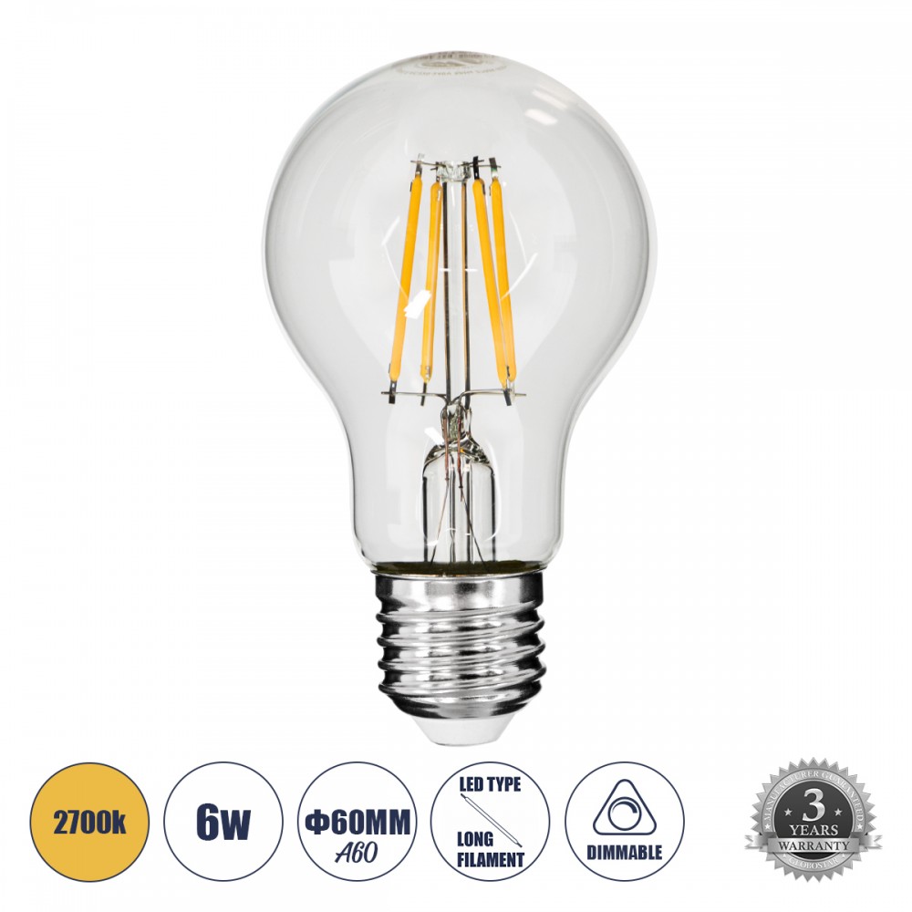GloboStar® 99006 Λάμπα E27 A60 Γλόμπος LED LONG FILAMENT 6W 660 lm 320° AC 85-265V Edison Retro με Διάφανο Γυαλί Θερμό Λευκό 2700 K Dimmable - 99006 GloboStar® 99006 Λάμπα E27 A60 Γλόμπος LED LONG FILAMENT 6W 660 lm 320° AC 85-265V Edison Retro με Διάφανο Γυαλί Θερμό Λευκό 2700 K Dimmable