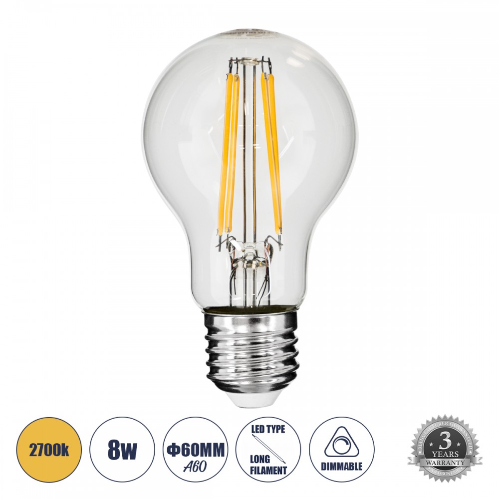 GloboStar® 99007 Λάμπα E27 A60 Γλόμπος LED LONG FILAMENT 8W 880 lm 320° AC 85-265V Edison Retro με Διάφανο Γυαλί Θερμό Λευκό 2700 K Dimmable - 99007 GloboStar® 99007 Λάμπα E27 A60 Γλόμπος LED LONG FILAMENT 8W 880 lm 320° AC 85-265V Edison Retro με Διάφανο Γυαλί Θερμό Λευκό 2700 K Dimmable