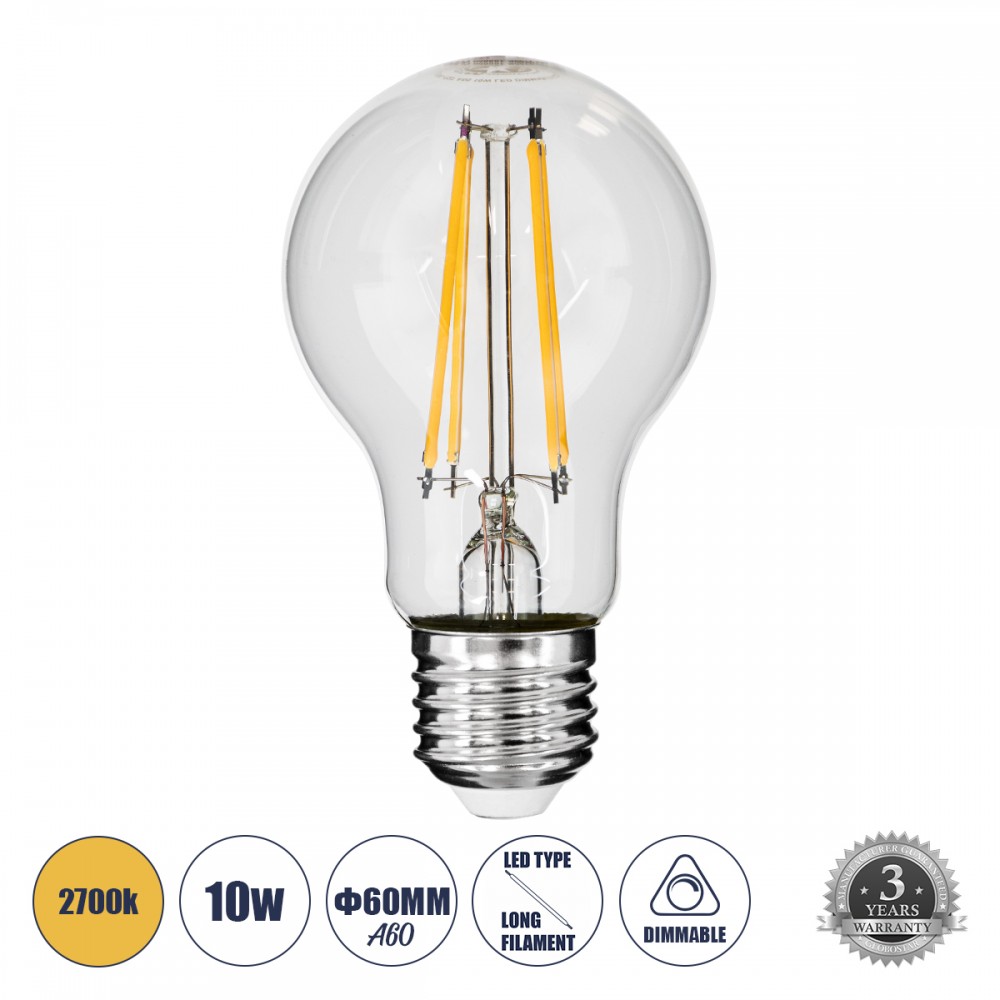 GloboStar® 99008 Λάμπα E27 A60 Γλόμπος LED LONG FILAMENT 10W 1100 lm 320° AC 85-265V Edison Retro με Διάφανο Γυαλί Θερμό Λευκό 2700 K Dimmable - 99008 GloboStar® 99008 Λάμπα E27 A60 Γλόμπος LED LONG FILAMENT 10W 1100 lm 320° AC 85-265V Edison Retro με Διάφανο Γυαλί Θερμό Λευκό 2700 K Dimmable