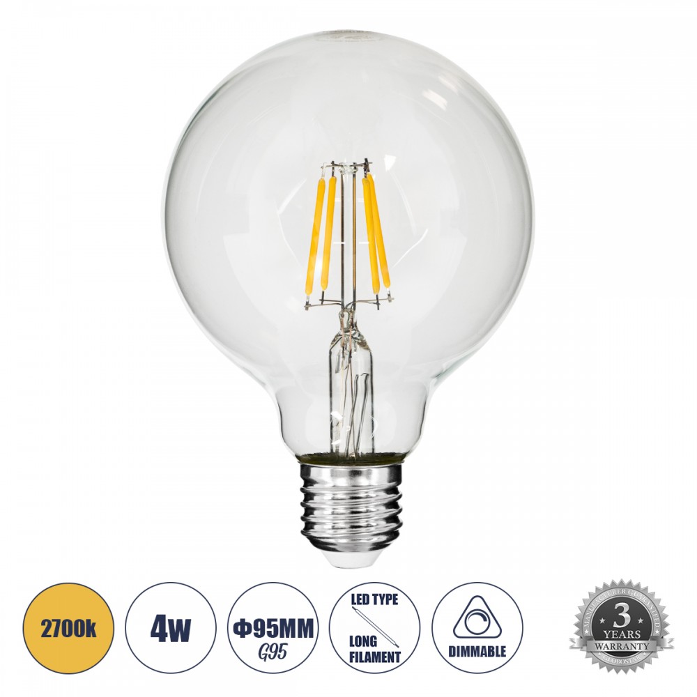 GloboStar® 99009 Λάμπα E27 G95 Γλόμπος LED FILAMENT 4W 440 lm 320° AC 85-265V Edison Retro με Διάφανο Γυαλί Θερμό Λευκό 2700 K Dimmable - 99009 GloboStar® 99009 Λάμπα E27 G95 Γλόμπος LED FILAMENT 4W 440 lm 320° AC 85-265V Edison Retro με Διάφανο Γυαλί Θερμό Λευκό 2700 K Dimmable