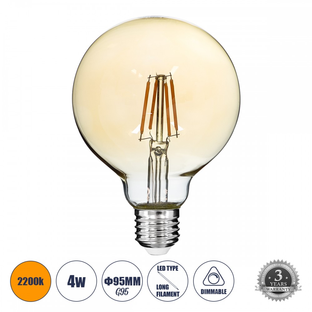 GloboStar® 99039 Λάμπα E27 G95 Γλόμπος LED FILAMENT 4W 420 lm 320° AC 85-265V Edison Retro με Μελί Γυαλί Ultra Θερμό Λευκό 2200 K Dimmable - 99039 GloboStar® 99039 Λάμπα E27 G95 Γλόμπος LED FILAMENT 4W 420 lm 320° AC 85-265V Edison Retro με Μελί Γυαλί Ultra Θερμό Λευκό 2200 K Dimmable