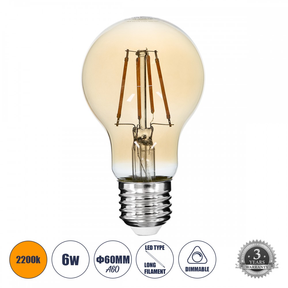 GloboStar® 99036 Λάμπα E27 A60 Γλόμπος LED LONG FILAMENT 6W 630 lm 320° AC 85-265V Edison Retro με Μελί Γυαλί Ultra Θερμό Λευκό 2200 K Dimmable - 99036 GloboStar® 99036 Λάμπα E27 A60 Γλόμπος LED LONG FILAMENT 6W 630 lm 320° AC 85-265V Edison Retro με Μελί Γυαλί Ultra Θερμό Λευκό 2200 K Dimmable