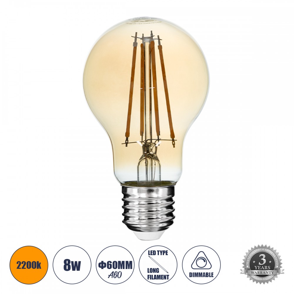 GloboStar® 99037 Λάμπα E27 A60 Γλόμπος LED LONG FILAMENT 8W 840 lm 320° AC 85-265V Edison Retro με Μελί Γυαλί Ultra Θερμό Λευκό 2200 K Dimmable - 99037 GloboStar® 99037 Λάμπα E27 A60 Γλόμπος LED LONG FILAMENT 8W 840 lm 320° AC 85-265V Edison Retro με Μελί Γυαλί Ultra Θερμό Λευκό 2200 K Dimmable