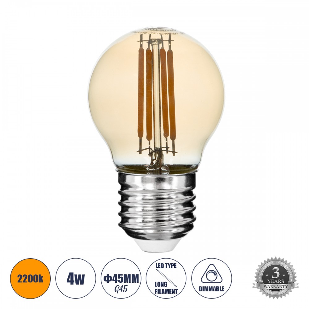 GloboStar® 99034 Λάμπα E27 G45 Γλομπάκι LED FILAMENT 4W 420 lm 320° AC 85-265V Edison Retro με Μελί Γυαλί Ultra Θερμό Λευκό 2200 K Dimmable - 99034 GloboStar® 99034 Λάμπα E27 G45 Γλομπάκι LED FILAMENT 4W 420 lm 320° AC 85-265V Edison Retro με Μελί Γυαλί Ultra Θερμό Λευκό 2200 K Dimmable
