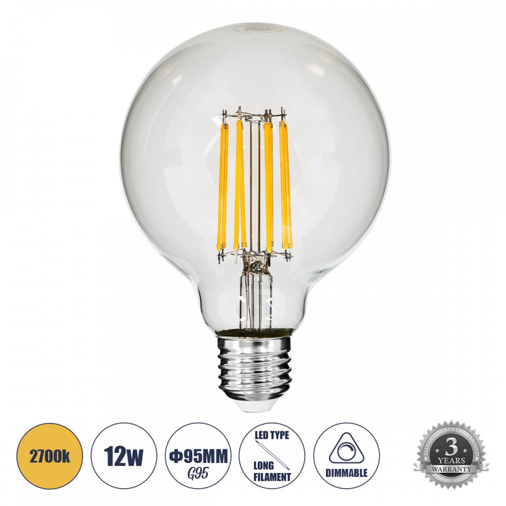 GloboStar® 99011 Λάμπα E27 G95 Γλόμπος LED LONG FILAMENT 12W 1320 lm 320° AC 85-265V Edison Retro με Διάφανο Γυαλί Θερμό Λευκό 2700 K Dimmable - 99011 GloboStar® 99011 Λάμπα E27 G95 Γλόμπος LED LONG FILAMENT 12W 1320 lm 320° AC 85-265V Edison Retro με Διάφανο Γυαλί Θερμό Λευκό 2700 K Dimmable