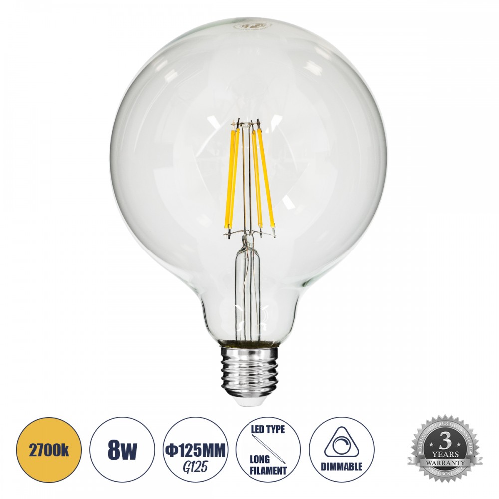 GloboStar® 99013 Λάμπα E27 G125 Γλόμπος LED LONG FILAMENT 8W 880 lm 320° AC 85-265V Edison Retro με Διάφανο Γυαλί Θερμό Λευκό 2700 K Dimmable - 99013 GloboStar® 99013 Λάμπα E27 G125 Γλόμπος LED LONG FILAMENT 8W 880 lm 320° AC 85-265V Edison Retro με Διάφανο Γυαλί Θερμό Λευκό 2700 K Dimmable