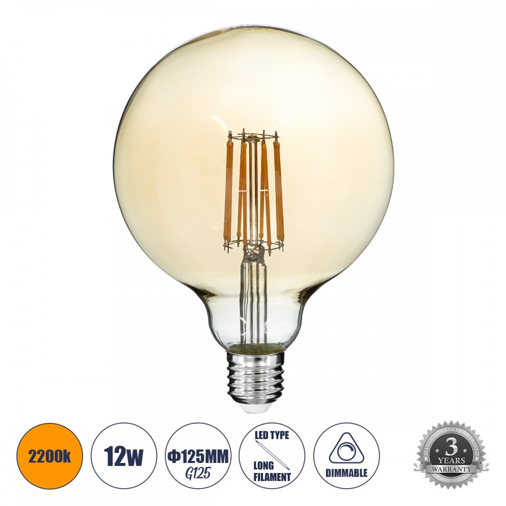 GloboStar® 99044 Λάμπα E27 G125 Γλόμπος LED LONG FILAMENT 12W 1260 lm 320° AC 85-265V Edison Retro με Μελί Γυαλί Ultra Θερμό Λευκό 2200 K Dimmable - 99044 GloboStar® 99044 Λάμπα E27 G125 Γλόμπος LED LONG FILAMENT 12W 1260 lm 320° AC 85-265V Edison Retro με Μελί Γυαλί Ultra Θερμό Λευκό 2200 K Dimmable