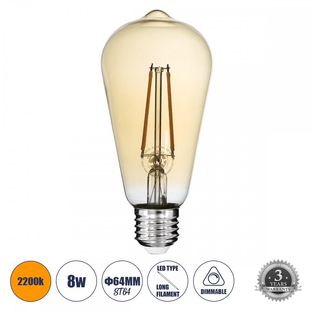 GloboStar® 99046 Λάμπα E27 ST64 Αχλάδι LED LONG FILAMENT 8W 840 lm 320° AC 85-265V Edison Retro με Μελί Γυαλί Ultra Θερμό Λευκό 2200 K Dimmable - 99046 GloboStar® 99046 Λάμπα E27 ST64 Αχλάδι LED LONG FILAMENT 8W 840 lm 320° AC 85-265V Edison Retro με Μελί Γυαλί Ultra Θερμό Λευκό 2200 K Dimmable