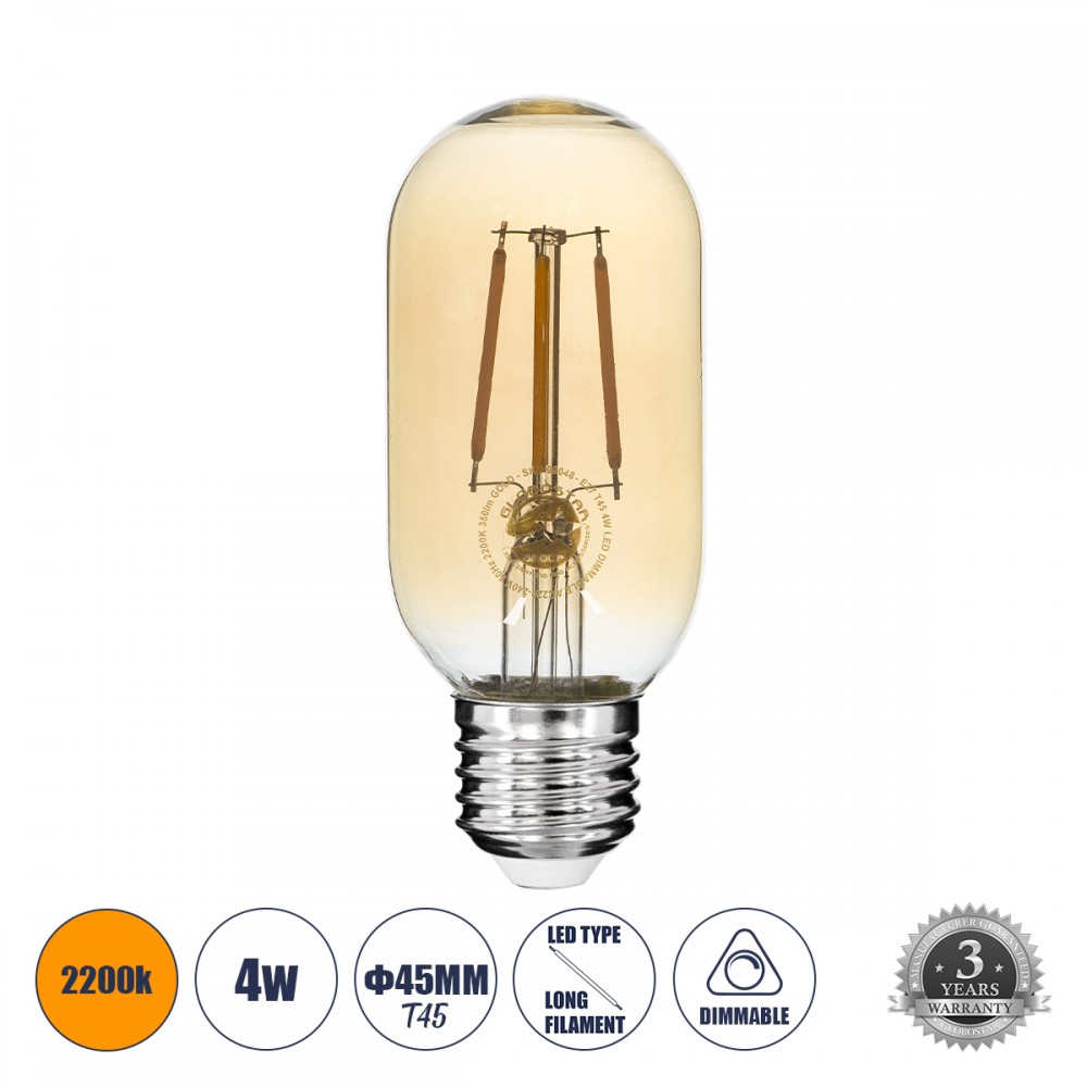 GloboStar® 99048 Λάμπα E27 T45 Σωλήνας LED FILAMENT 4W 420 lm 320° AC 85-265V Edison Retro με Μελί Γυαλί Ultra Θερμό Λευκό 2200 K Dimmable - 99048 GloboStar® 99048 Λάμπα E27 T45 Σωλήνας LED FILAMENT 4W 420 lm 320° AC 85-265V Edison Retro με Μελί Γυαλί Ultra Θερμό Λευκό 2200 K Dimmable