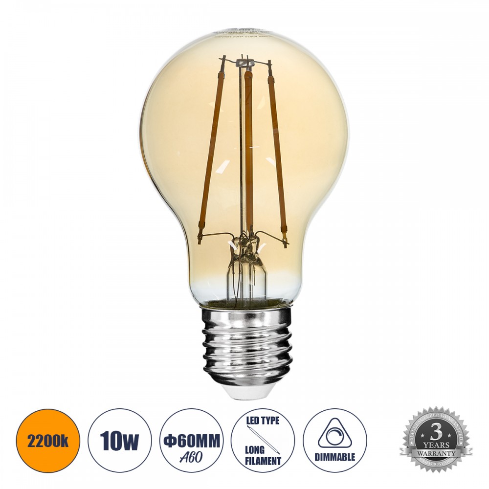GloboStar® 99038 Λάμπα E27 A60 Γλόμπος LED LONG FILAMENT 10W 1050 lm 320° AC 85-265V Edison Retro με Μελί Γυαλί Ultra Θερμό Λευκό 2200 K Dimmable - 99038 GloboStar® 99038 Λάμπα E27 A60 Γλόμπος LED LONG FILAMENT 10W 1050 lm 320° AC 85-265V Edison Retro με Μελί Γυαλί Ultra Θερμό Λευκό 2200 K Dimmable