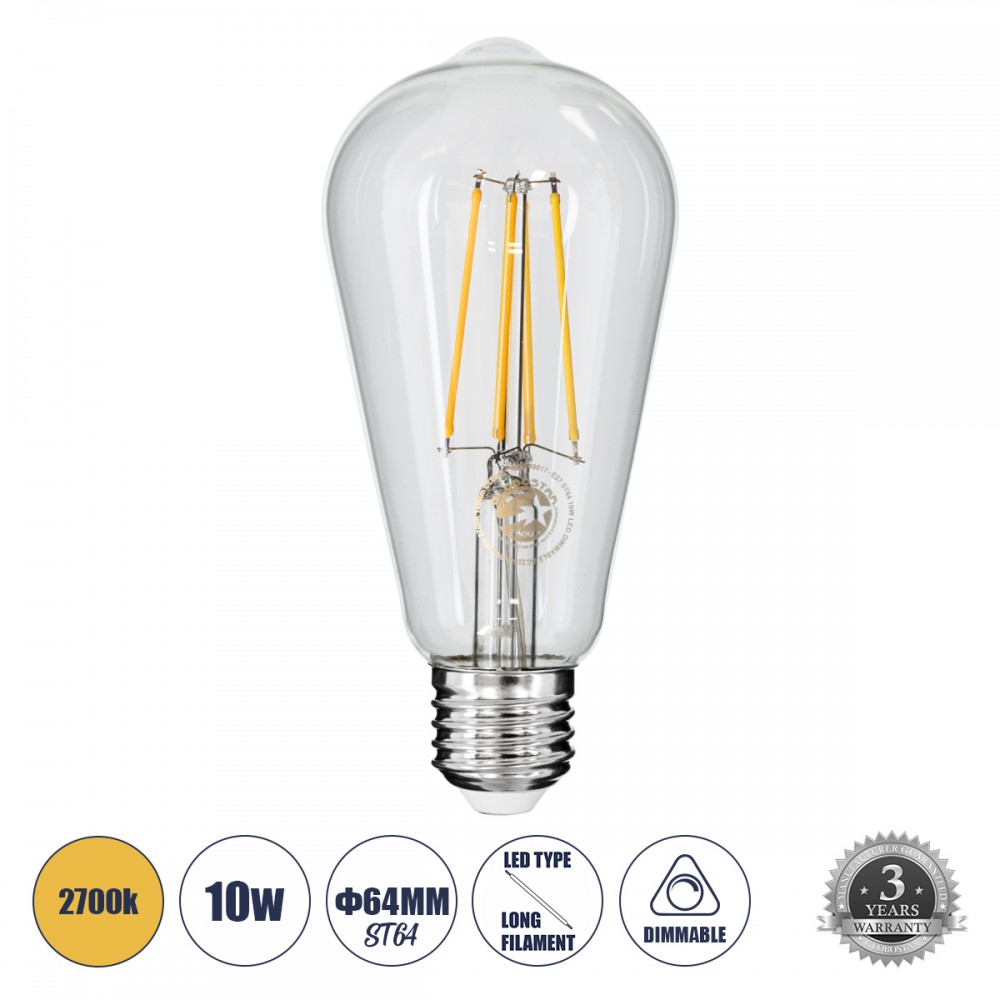 GloboStar® 99017 Λάμπα E27 ST64 Αχλάδι LED LONG FILAMENT 10W 1100 lm 320° AC 85-265V Edison Retro με Διάφανο Γυαλί Θερμό Λευκό 2700 K Dimmable - 99017 GloboStar® 99017 Λάμπα E27 ST64 Αχλάδι LED LONG FILAMENT 10W 1100 lm 320° AC 85-265V Edison Retro με Διάφανο Γυαλί Θερμό Λευκό 2700 K Dimmable