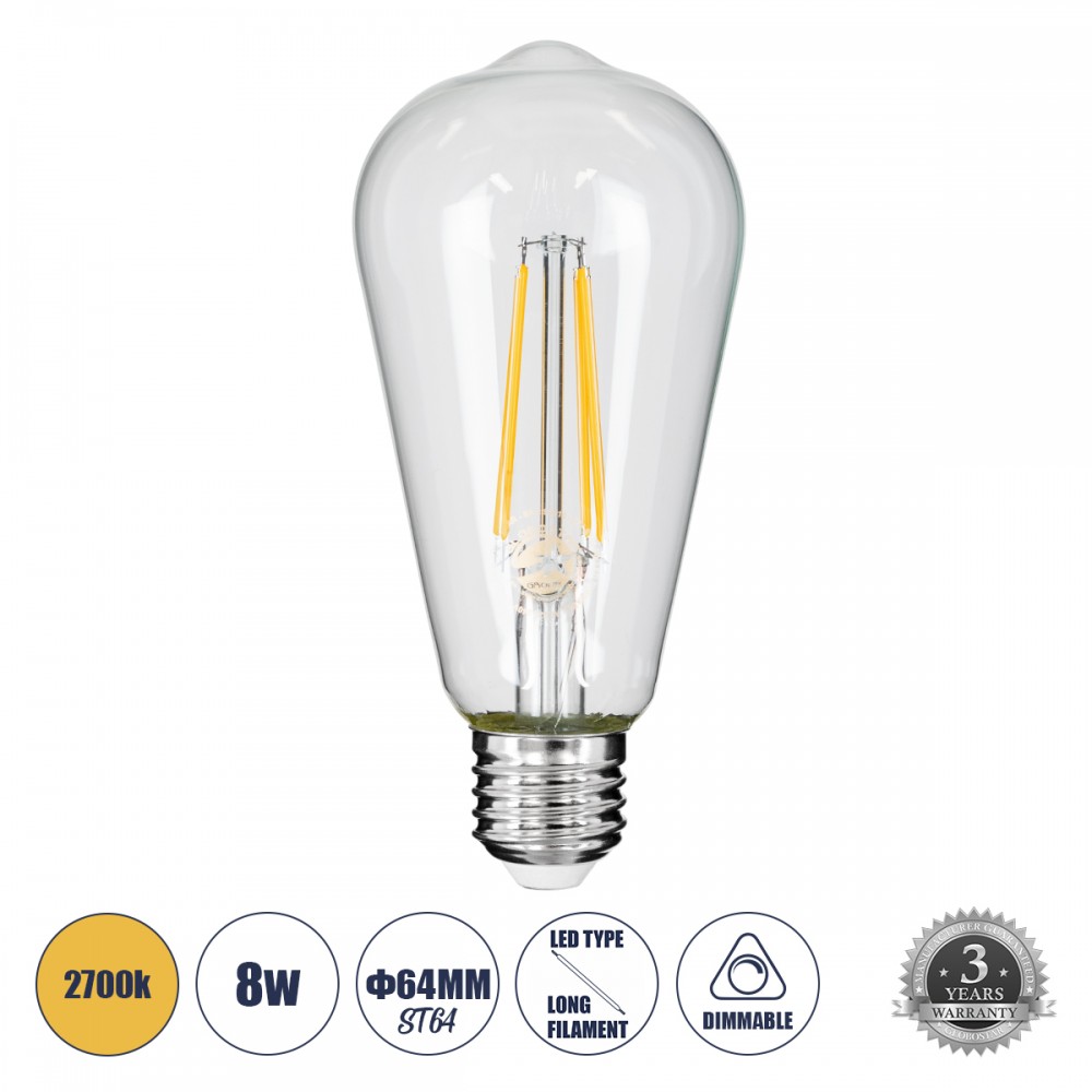 GloboStar® 99016 Λάμπα E27 ST64 Αχλάδι LED LONG FILAMENT 8W 880 lm 320° AC 85-265V Edison Retro με Διάφανο Γυαλί Θερμό Λευκό 2700 K Dimmable - 99016 GloboStar® 99016 Λάμπα E27 ST64 Αχλάδι LED LONG FILAMENT 8W 880 lm 320° AC 85-265V Edison Retro με Διάφανο Γυαλί Θερμό Λευκό 2700 K Dimmable
