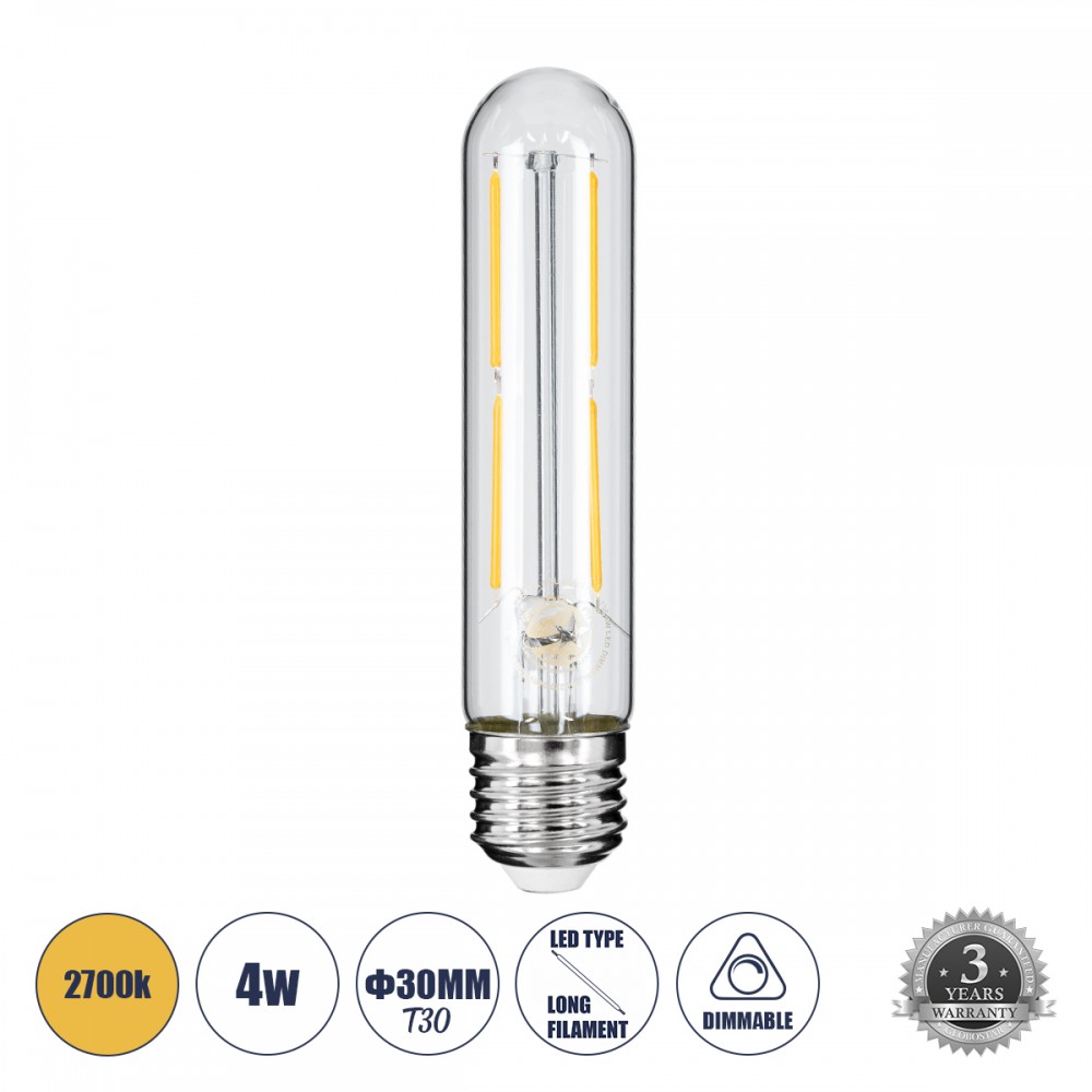 GloboStar® 99019 Λάμπα E27 T30 Σωλήνας LED FILAMENT 4W 440 lm 320° AC 85-265V Edison Retro με Διάφανο Γυαλί Θερμό Λευκό 2700 K Dimmable - 99019 GloboStar® 99019 Λάμπα E27 T30 Σωλήνας LED FILAMENT 4W 440 lm 320° AC 85-265V Edison Retro με Διάφανο Γυαλί Θερμό Λευκό 2700 K Dimmable