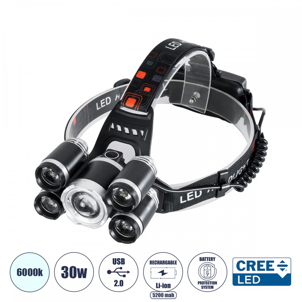 GloboStar® 79059 Φακός Κεφαλής Επαναφορτιζόμενος LED CREE XML2-T6 Chip 50 Watt 5000lm με 2 x 18650 Μπαταρίες 5200mAh Ψυχρό Λευκό 6000K - 79059 GloboStar® 79059 Φακός Κεφαλής Επαναφορτιζόμενος LED CREE XML2-T6 Chip 50 Watt 5000lm με 2 x 18650 Μπαταρίες 5200mAh Ψυχρό Λευκό 6000K