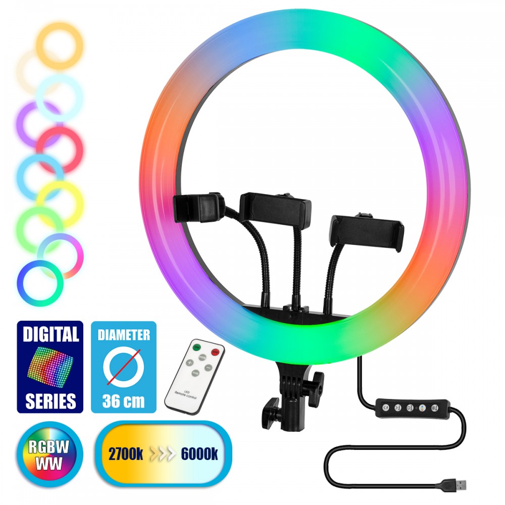 GloboStar® 75803 Professional Digital Ring Light Φ36cm LED SMD 50W 5000lm 180° DC 5V με Καλώδιο Τροφοδοσίας USB - Ενσωματωμένο και Ασύρματο Χειριστήριο RF 2.4Ghz Εναλλαγής Χρωμάτων & 3 Βάσεις Τηλεφώνου - Πολύχρωμο RGBW+WW Dimmable - 75803 GloboStar® 75803 Professional Digital Ring Light Φ36cm LED SMD 50W 5000lm 180° DC 5V με Καλώδιο Τροφοδοσίας USB - Ενσωματωμένο και Ασύρματο Χειριστήριο RF 2.4Ghz Εναλλαγής Χρωμάτων & 3 Βάσεις Τηλεφώνου - Πολύχρωμο RGBW+WW Dimmable