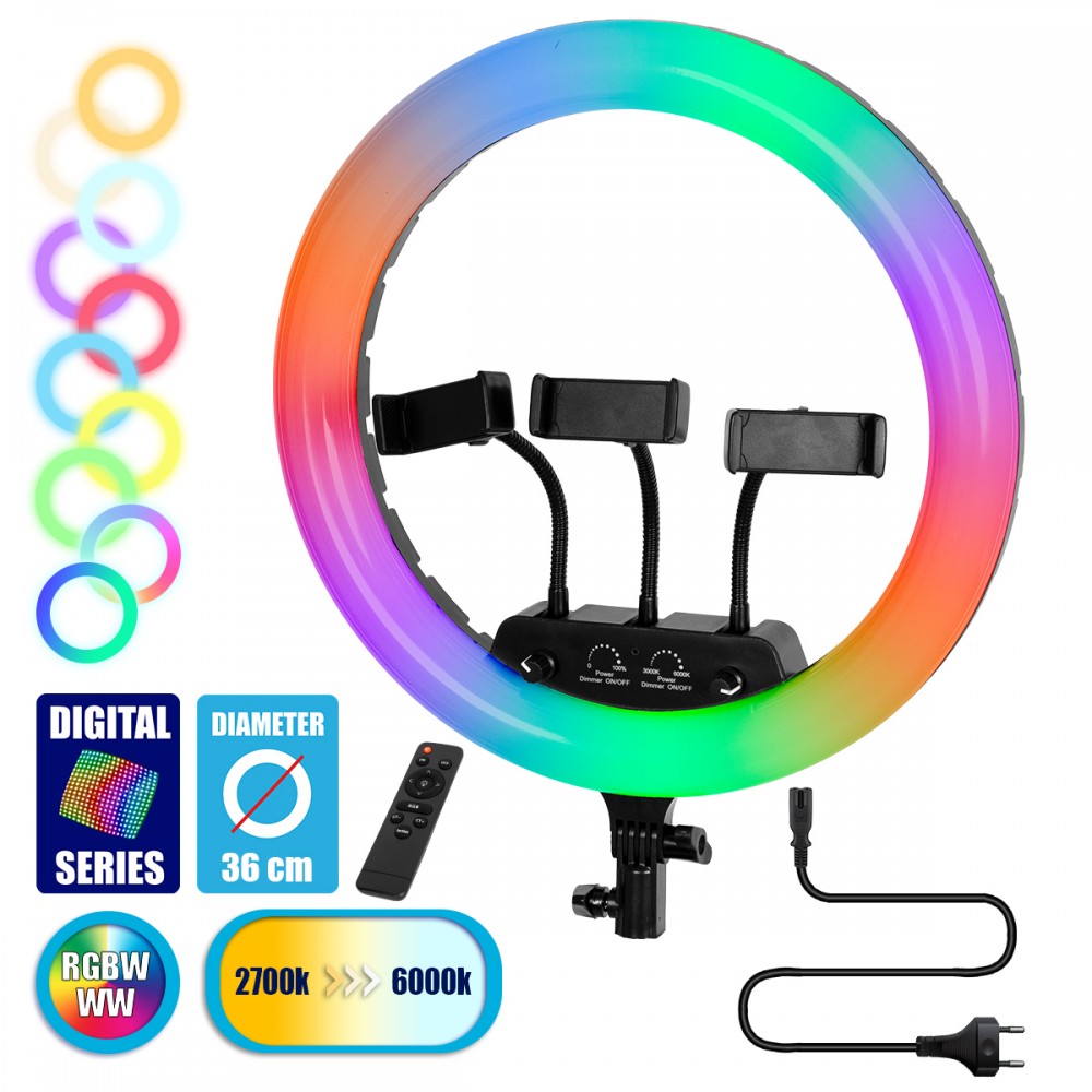 GloboStar® 75804 Professional Digital Ring Light Φ36cm LED SMD 50W 5000lm 180° AC 230V με Καλώδιο Τροφοδοσίας Πρίζας - Ασύρματο Χειριστήριο RF 2.4Ghz Εναλλαγής Χρωμάτων & 3 Βάσεις Τηλεφώνου - Πολύχρωμο RGBW+WW Dimmable - 75804 GloboStar® 75804 Professional Digital Ring Light Φ36cm LED SMD 50W 5000lm 180° AC 230V με Καλώδιο Τροφοδοσίας Πρίζας - Ασύρματο Χειριστήριο RF 2.4Ghz Εναλλαγής Χρωμάτων & 3 Βάσεις Τηλεφώνου - Πολύχρωμο RGBW+WW Dimmable