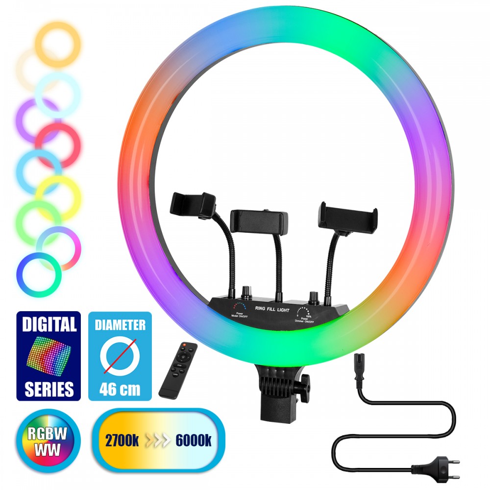 GloboStar® 75805 Professional Digital Ring Light Φ46cm LED SMD 70W 7000lm 180° AC 230V με Καλώδιο Τροφοδοσίας Πρίζας - Ασύρματο Χειριστήριο RF 2.4Ghz Εναλλαγής Χρωμάτων & 3 Βάσεις Τηλεφώνου - Πολύχρωμο RGBW+WW Dimmable - 75805 GloboStar® 75805 Professional Digital Ring Light Φ46cm LED SMD 70W 7000lm 180° AC 230V με Καλώδιο Τροφοδοσίας Πρίζας - Ασύρματο Χειριστήριο RF 2.4Ghz Εναλλαγής Χρωμάτων & 3 Βάσεις Τηλεφώνου - Πολύχρωμο RGBW+WW Dimmable
