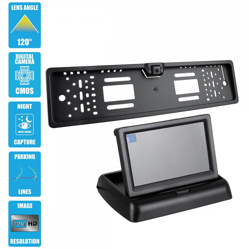 GloboStar® 86013 Πλαίσιο Πινακίδας Αυτοκινήτου με Ενσωματωμένη Αδιάβροχη Κάμερα Οπισθοπορείας 720p HD CMOS Signal 170° DC 12V και Πτυσσόμενη Οθόνη 4.3 - 86013 GloboStar® 86013 Πλαίσιο Πινακίδας Αυτοκινήτου με Ενσωματωμένη Αδιάβροχη Κάμερα Οπισθοπορείας 720p HD CMOS Signal 170° DC 12V και Πτυσσόμενη Οθόνη 4.3 - 86013