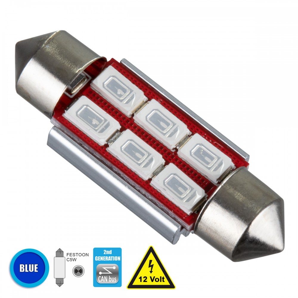 GloboStar® 81314 Λάμπα Αυτοκίνητου 36mm FESTOON - C5W 2nd Generation Can-Bus Series LED 6 SMD 5630 4W 480lm 120° DC 12V IP20 Μπλε - 81314 GloboStar® 81314 Λάμπα Αυτοκίνητου 36mm FESTOON - C5W 2nd Generation Can-Bus Series LED 6 SMD 5630 4W 480lm 120° DC 12V IP20 Μπλε - 81314