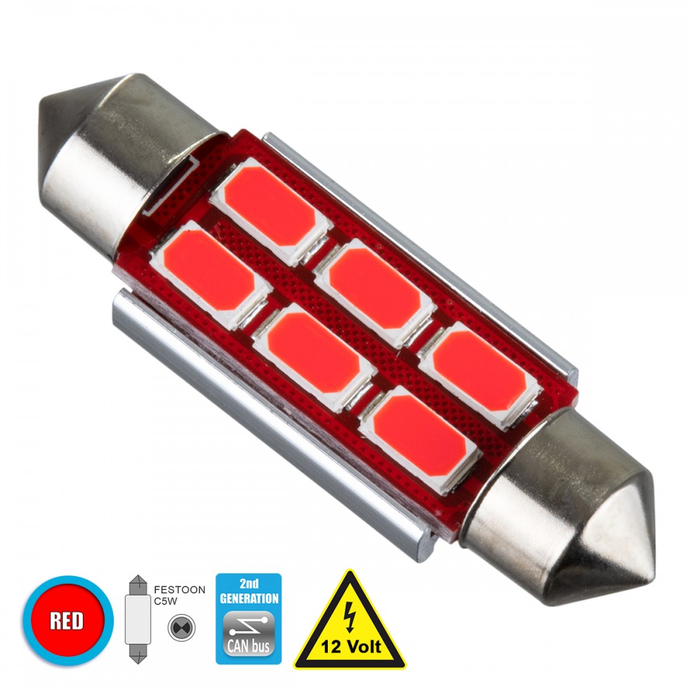GloboStar® 81318 Λάμπα Αυτοκίνητου 39mm FESTOON - C5W 2nd Generation Can-Bus Series LED 6 SMD 5630 4W 480lm 120° DC 12V IP20 Κόκκινο - 81318 GloboStar® 81318 Λάμπα Αυτοκίνητου 39mm FESTOON - C5W 2nd Generation Can-Bus Series LED 6 SMD 5630 4W 480lm 120° DC 12V IP20 Κόκκινο - 81318