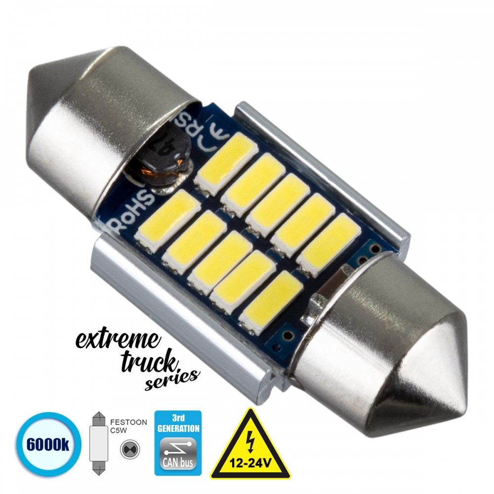 GloboStar® 81328 Λάμπα Αυτοκινήτου & Φορτηγού 31mm FESTOON - C5W 3rd Generation Can-Bus Extreme Truck Series LED 10 SMD 4014 3W 450lm 120° DC 12-24V IP20 Ψυχρό Λευκό 6000K - 81328 GloboStar® 81328 Λάμπα Αυτοκινήτου & Φορτηγού 31mm FESTOON - C5W 3rd Generation Can-Bus Extreme Truck Series LED 10 SMD 4014 3W 450lm 120° DC 12-24V IP20 Ψυχρό Λευκό 6000K - 81328