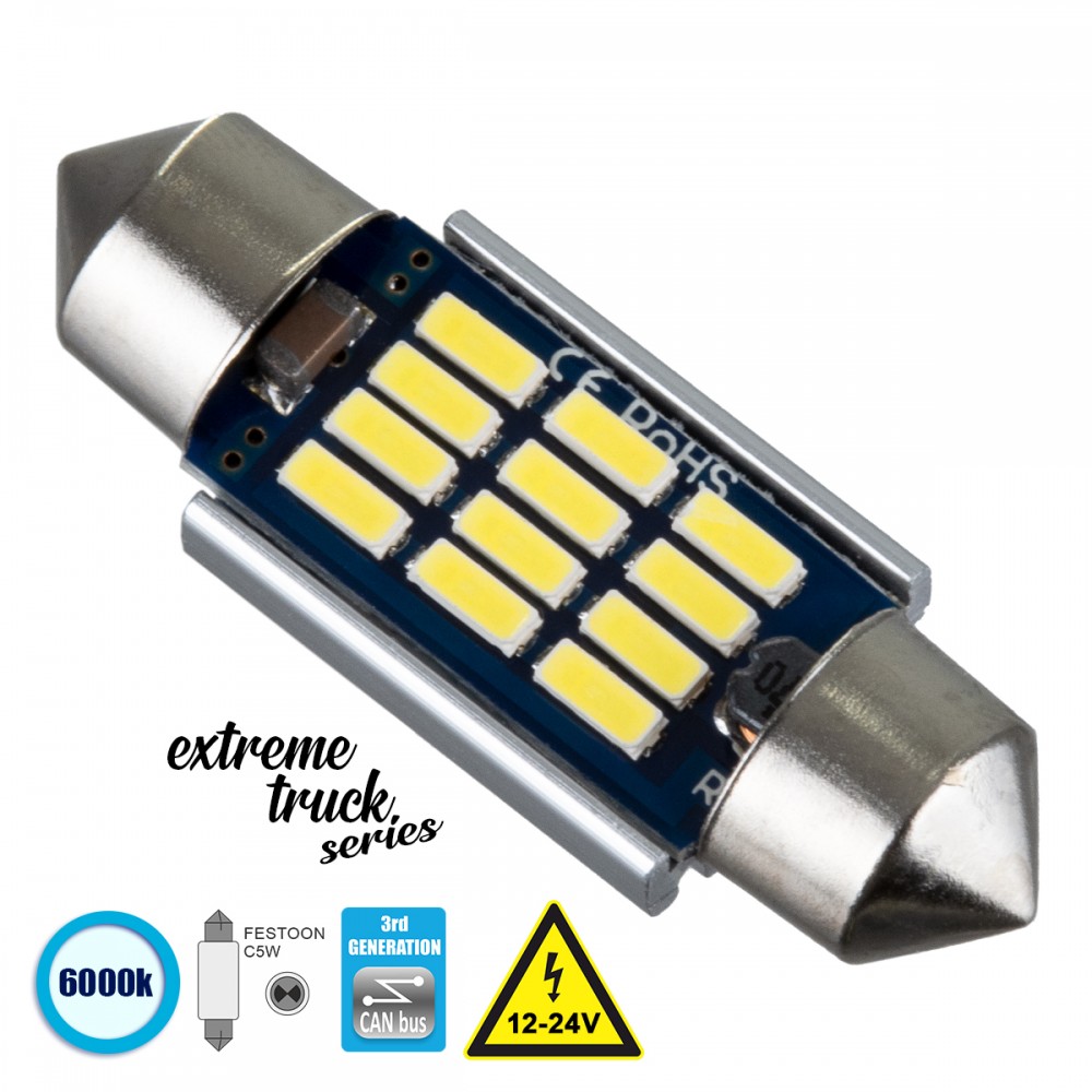 GloboStar® 81329 Λάμπα Αυτοκινήτου & Φορτηγού 36mm FESTOON - C5W 3rd Generation Can-Bus Extreme Truck Series LED 12 SMD 4014 3.6W 540lm 120° DC 12-24V IP20 Ψυχρό Λευκό 6000K - 81329 GloboStar® 81329 Λάμπα Αυτοκινήτου & Φορτηγού 36mm FESTOON - C5W 3rd Generation Can-Bus Extreme Truck Series LED 12 SMD 4014 3.6W 540lm 120° DC 12-24V IP20 Ψυχρό Λευκό 6000K - 81329