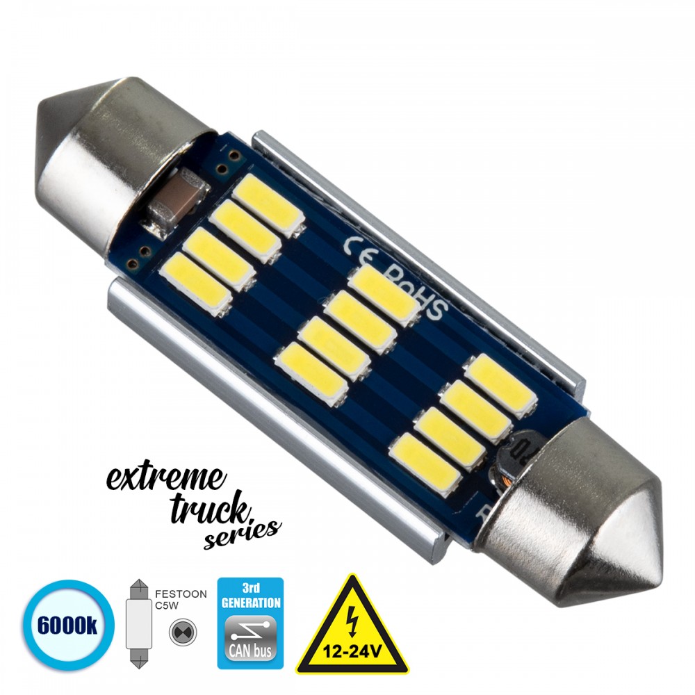 GloboStar® 81331 Λάμπα Αυτοκινήτου & Φορτηγού 42mm FESTOON - C5W 3rd Generation Can-Bus Extreme Truck Series LED 12 SMD 4014 3.6W 540lm 120° DC 12-24V IP20 Ψυχρό Λευκό 6000K - 81331 GloboStar® 81331 Λάμπα Αυτοκινήτου & Φορτηγού 42mm FESTOON - C5W 3rd Generation Can-Bus Extreme Truck Series LED 12 SMD 4014 3.6W 540lm 120° DC 12-24V IP20 Ψυχρό Λευκό 6000K - 81331