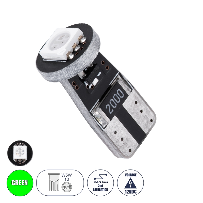 GloboStar® 81083 Λάμπα Αυτοκίνητου LED T10 W5W 2rd Generation Can-Bus Series 1xSMD5050 1.5W 120lm 120° DC 12-16V IP20 Φ1 x H2.2cm Πράσινο